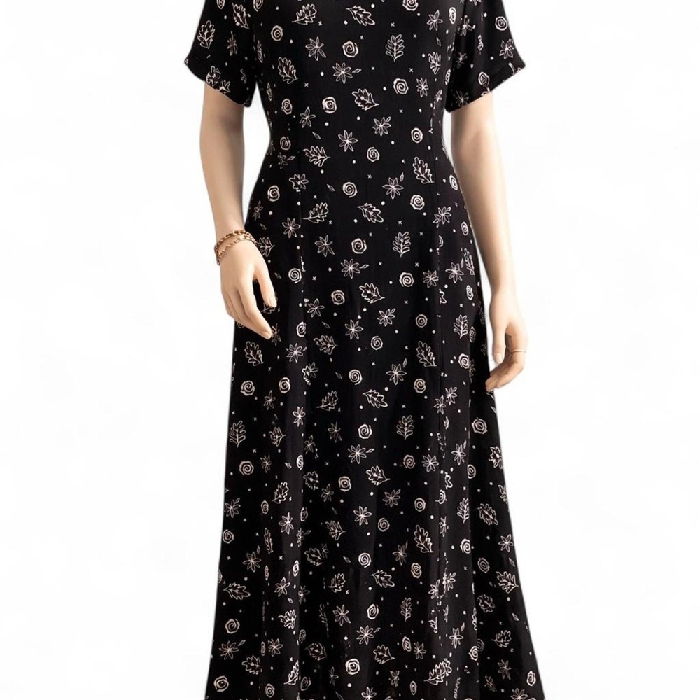 Pendleton Maxi Dress Black White 16 Floral Leaf Print Vintage Boho‎ Casual